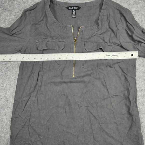 Ellen Tracy Blouse Women S Gray 3/4 Sleeve Zip Front Tassel Solid Gray Blouse - Picture 3 of 9